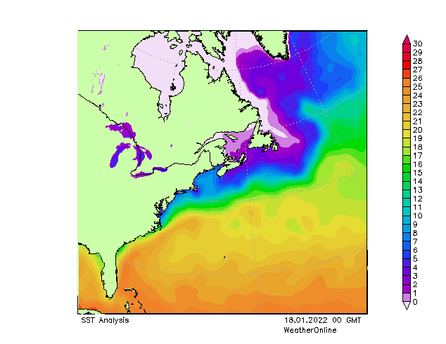 Atlantic Ocean SST Tu 18.01.2022 00 GMT