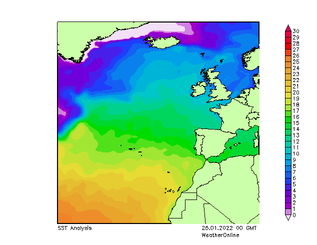 Atlantic Ocean SST Tu 25.01.2022 00 GMT