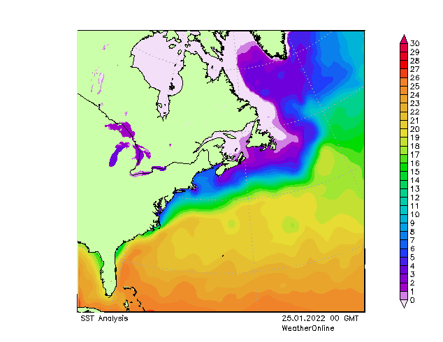 Atlantic Ocean SST Tu 25.01.2022 00 GMT