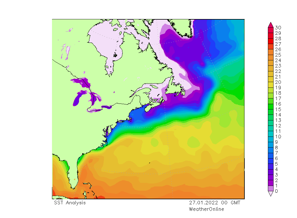 Atlantic Ocean SST Th 27.01.2022 00 GMT